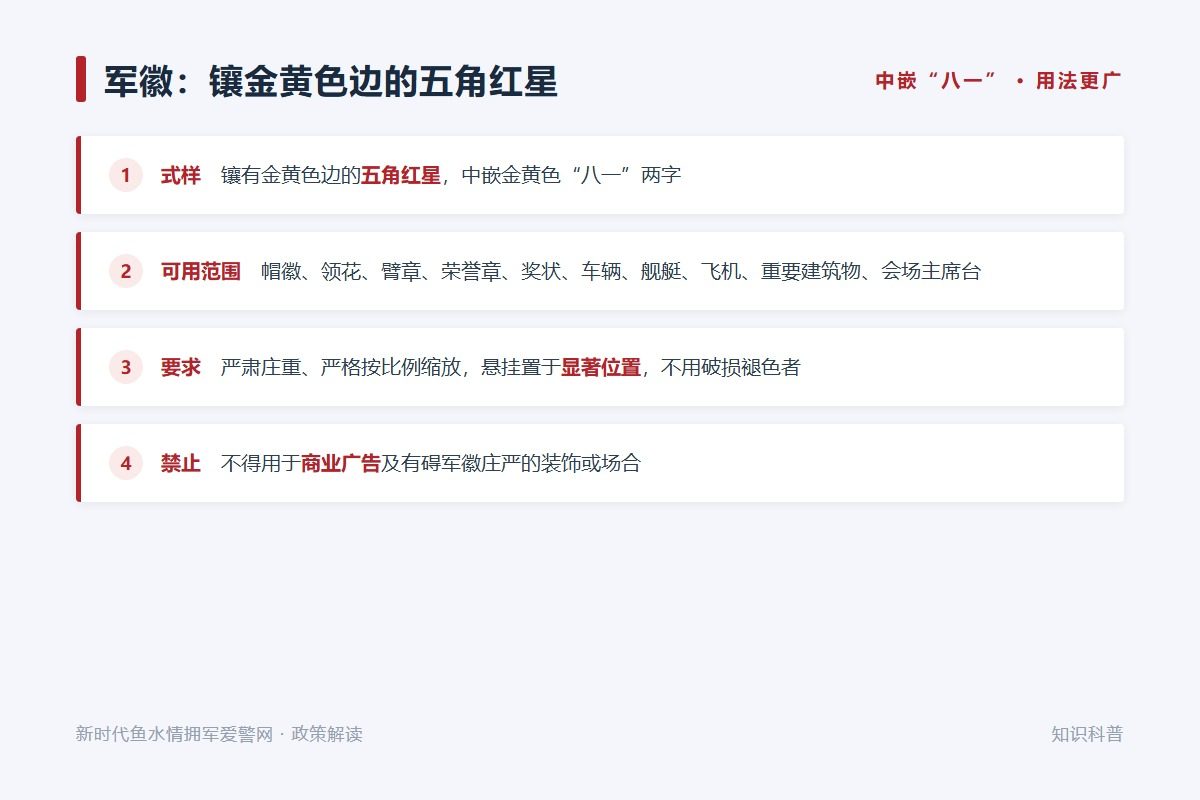 军徽为镶金黄色边的五角红星,中嵌金黄色“八一”两字(示意图)