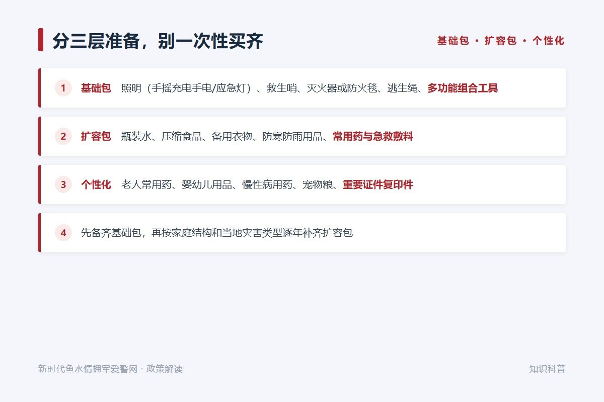 扩充版补充水与食品、个人用品、逃生自救工具、重要文件资料(示意图)