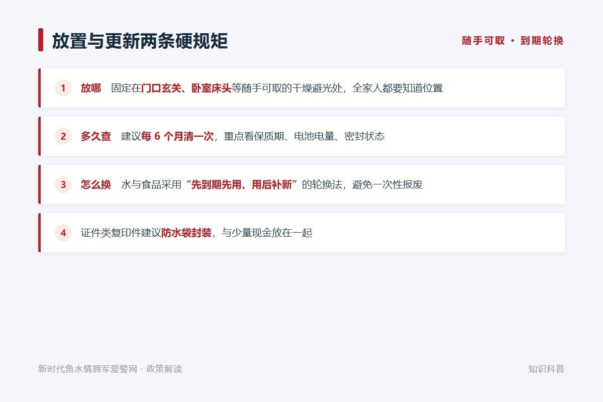 位置与更新:固定随手可取处,每6个月清点一次(示意图)