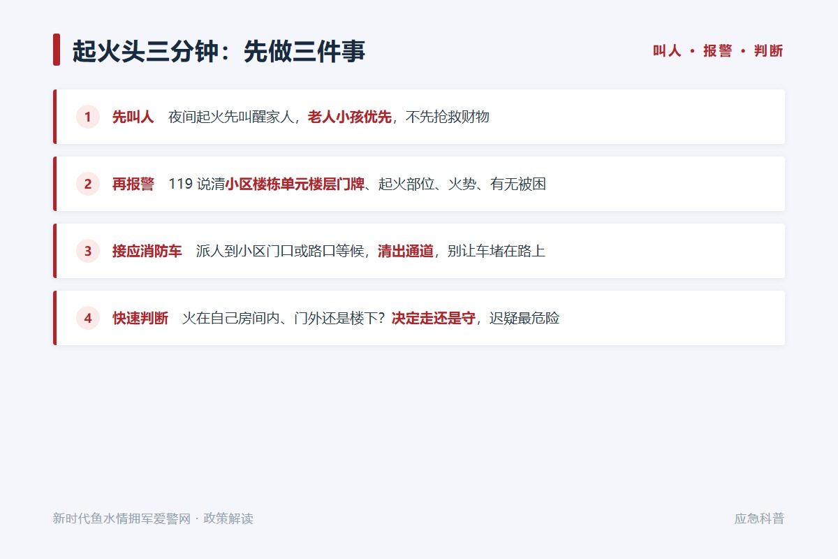 起火头三分钟:叫人、打119说清四要素、判断走还是守(示意图)
