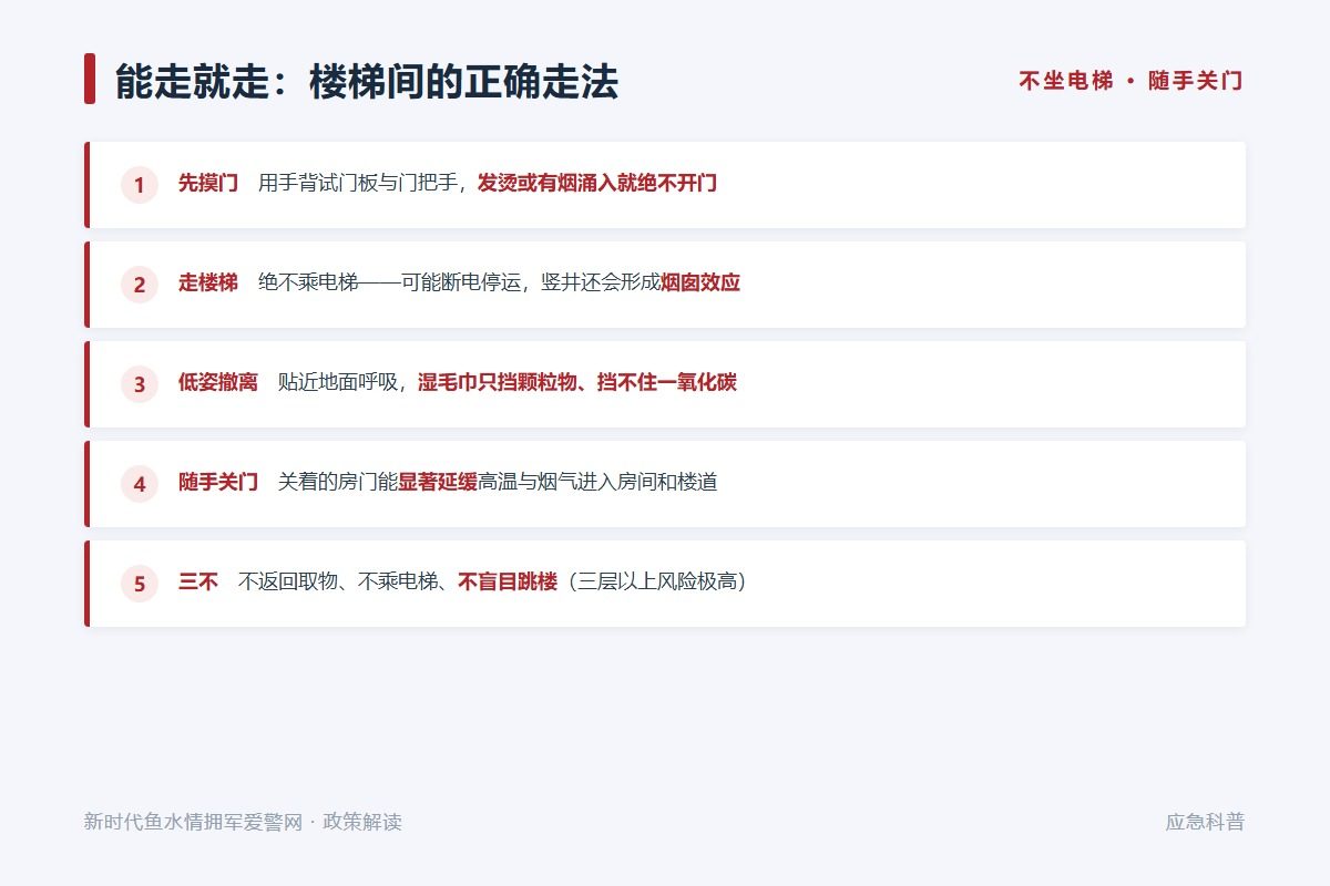 能走就走:摸门、走楼梯不乘电梯、低姿撤离、随手关门(示意图)