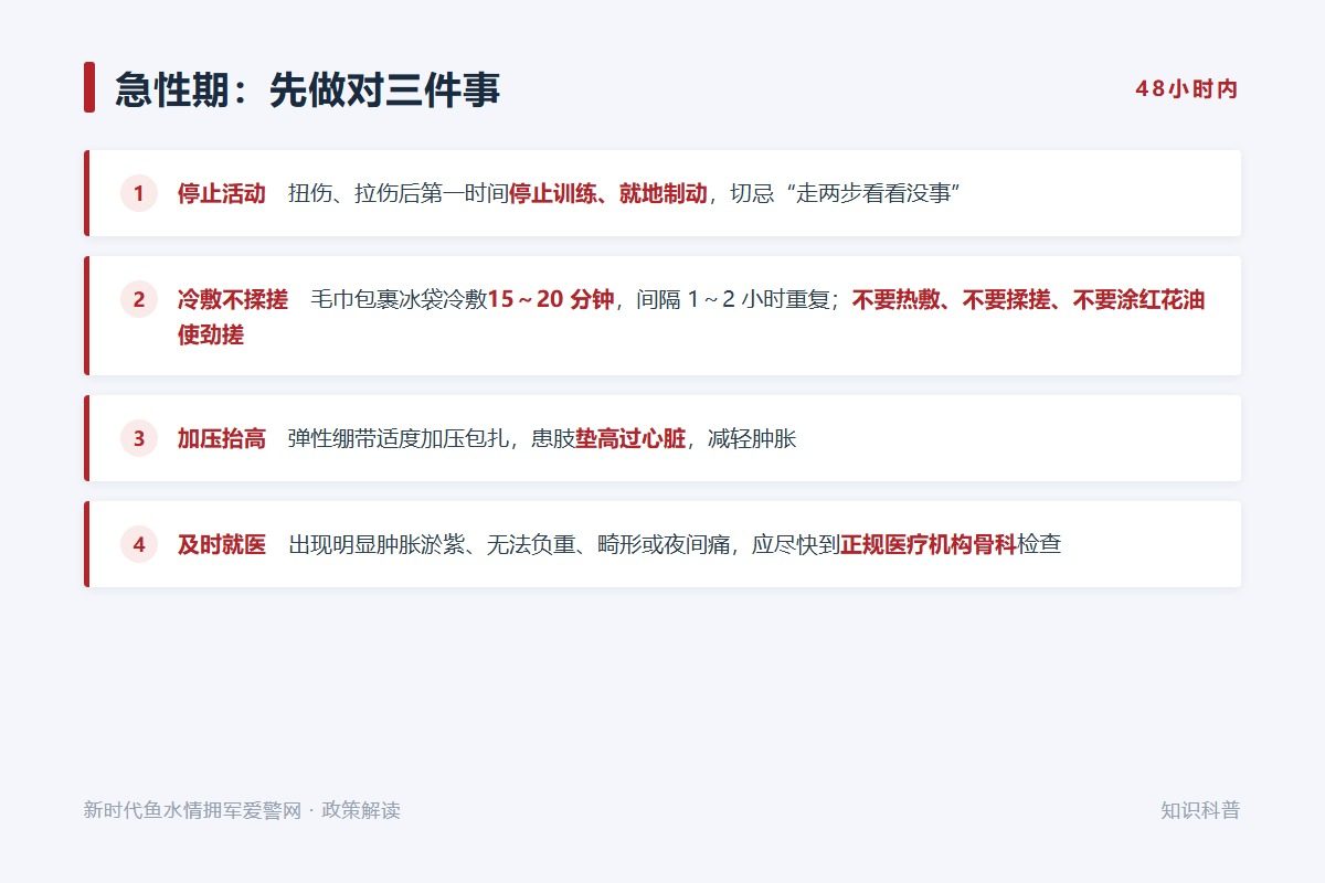恢复期按部位训练：踝练本体感觉、膝练股四头肌、腰练核心稳定（示意图）