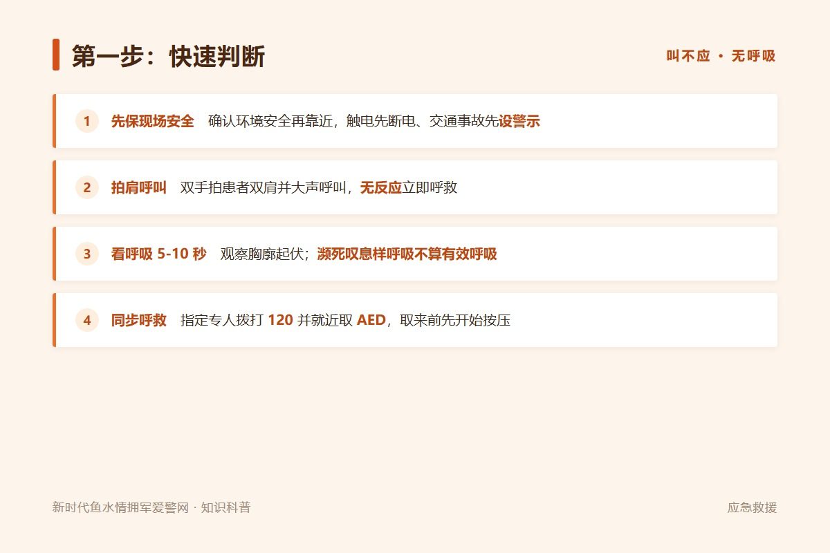 第二步按压:成人深度约 5-6 厘米、频率 100-120 次/分,充分回弹少中断(示意图)